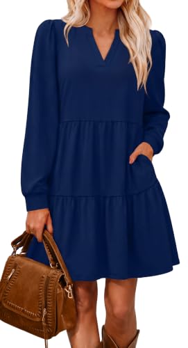 Navy Blue Dresses for Women 2026 Long Sleeve Tiered Dresses with Pockets M