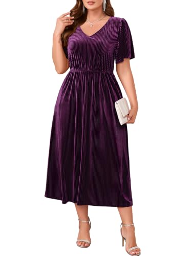 BELAROI Womens Plus Size Velvet Formal Dress for Wedding Guest, Dark Purple