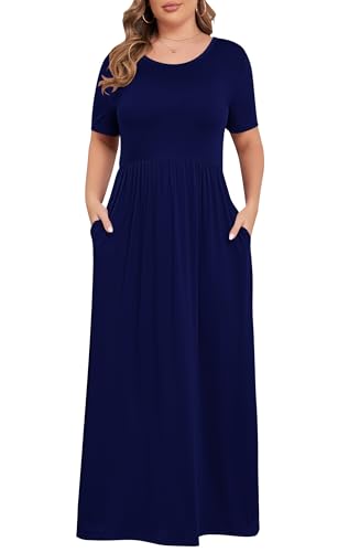 KARALIN Women’s Plus Size Maxi Dresses for Curvy Women Summer Casual Short Sleeve 2026 Long Dress Navy Blue 26W