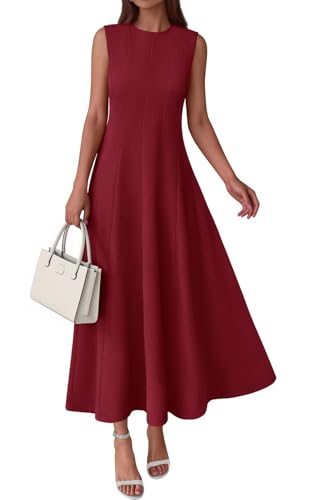 PRETTYGARDEN Sleeveless Long Fall Dresses for Women 2026, Burgundy, M | Casual Round Neck Fit and Flare Dresses with Pockets, Semi Formal Pleated A-line Maxi Dress, Holiday Vacation Resort Wear