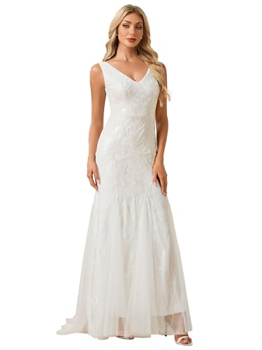 Ever-Pretty Women's V-Neck Sleeveless Sequin Lace Wedding Dress Train Length Mermaid Bridal Gown with Train White US06