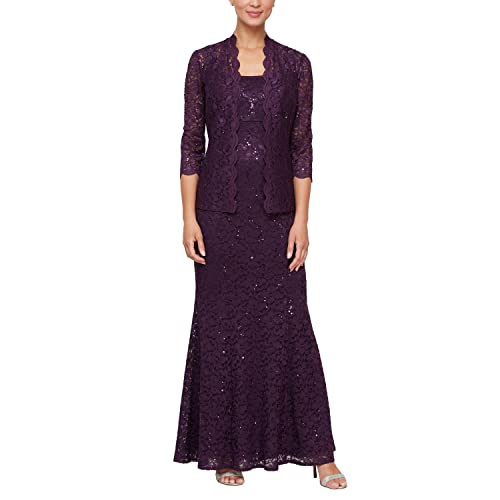 S.L. Fashions Women's Long Sequin Lace Fit and Flare Mother of The Bride Dress with Jacket (Petite & Regular Sizes), Eggplant, 10P