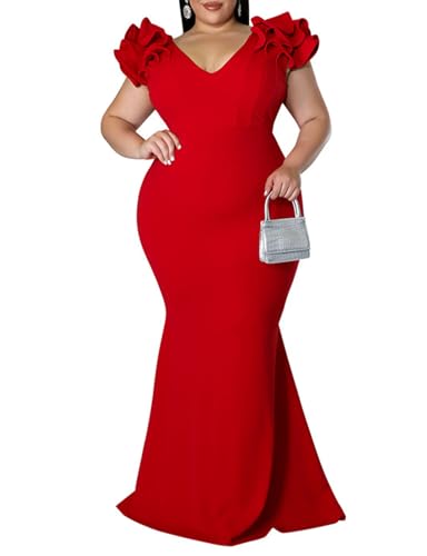 Ekaliy Plus Size Mermaid Maxi Dress V Neck Ruffle Sleeve Bodycon Gown Red