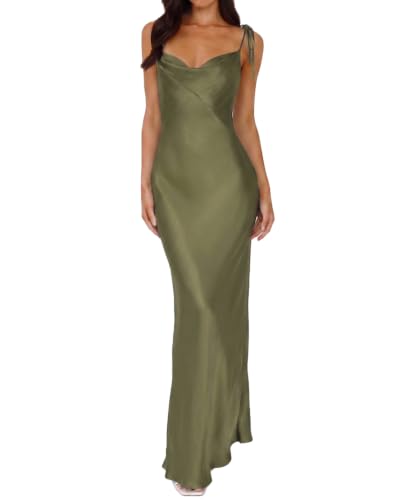 UEZOU 2026 Satin Cowl Neck Spaghetti Strap Maxi Dress for Women Bridesmaid