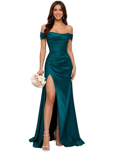 WellrDeny Satin Dress for Bridesmaid Peacock Off Shoulder Wedding 12