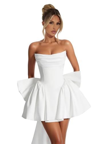 KIRGNT Short Satin Bridal Wedding Dress Cowl Neck White Strapless Bow Homecoming Dresses for Teens A Line Mini Cocktail Party Gowns US2