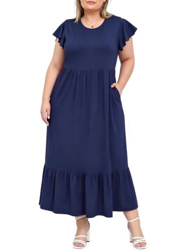 Women's 2026 Plus Size Summer Dress Casual Maxi Dresses with Pockets Crew Neck Ruffle Short Sleeve Floral Long Dress Navy