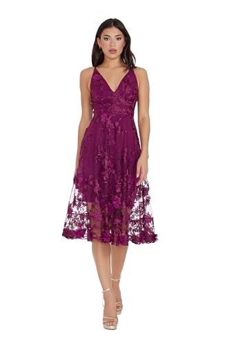 Dress the Population Women's Audrey Spaghetti Strap MIDI A-LINE 3D Floral Dress, Dark Magenta, M