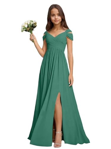 Gnleyane Junior Bridesmaid Dress Pleated Flower Girl Dresses for Wedding Eucalyptus Green Off Shoulder First Communion Dresses for Girls Size 14