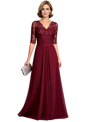 Chiffon Mother of the Bride Dresses with Sleeve Long Lace Formal Dress | Half Sleeve, V Neck, Floor Length, Fall Wedding Guest Dresses, Mother of the Groom Dresses for Women, Burgundy, US8