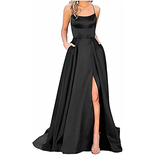 TWGONE Women Spaghetti Straps Satin Prom Dress Scoop Neck High Slit Formal Evening Gown Maxi Dress with Pockets Black