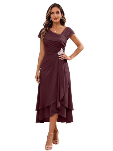 Chiffon Mother of The Groom Dress Elegant V Neck Midi Evening Gown Sleeves | Chiffon V Neck Elegant Mother of The Groom Dresses for Wedding Beaded,Sparkly Summer A Line Wedding Guest Gown,Tiered Ruffles