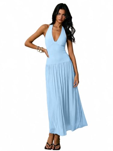 SKAYS Womens Vacation Dress Halter Maxi Dress Beach Wedding Guest Dress Backless Deep V Neck LightBlue L