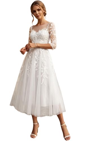 Lace Applique Wedding Dresses for Bride 2026 Short Tulle Bridal Gowns with Sleeves Bridal Dress O-White,US6