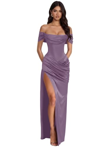 GYHAMP Off the Shoulder Satin Bridesmaid Dress Long Wedding Wisteria 8 | Women's Mermaid Pleated Corset Floor Length Dress with Slit for Wedding Open Back Evening Wedding Guest Dress for Women