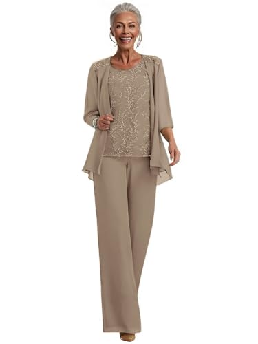 Chiffon Appliques Mother of The Bride Pant Suits 3 Pieces Women Formal Wedding Dress with Jacket Taupe 2