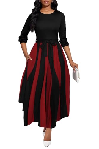 BubFee Maxi Dress for Women Long Sleeve Casual Long Dress Church Dresses with Pockets(Black Red, XXX-Large)