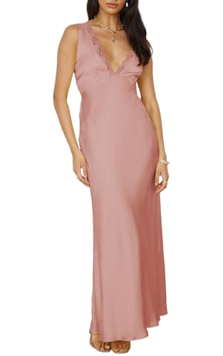 BAGONE Summer Satin Lace V Neck Backless Formal Wedding Guest Maxi Dresses