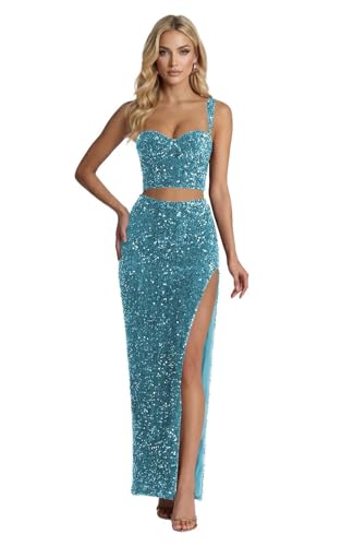 Two Piece Sequin Prom Dresses Long Mermaid V Neck Sparkly Spaghetti Straps Formal Dress Evening Gowns with Slit LA163 8 Ocean Blue