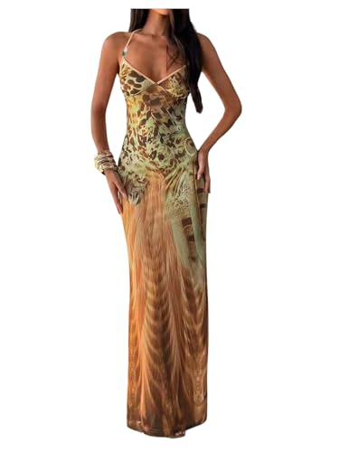 GORGLITTER Women's Leopard Animal Print Y2k Dress Halter Slimming Dresses