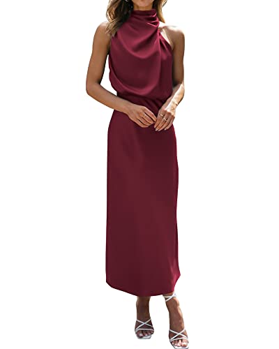 BTFBM Mock Neck Cocktail Dresses For Women Summer Formal Ball Gowns 2026 | High Waisted, Silk Satin, Sleeveless, Ruched, Bridal Shower, Homecoming, Graduation, Maxi Wedding Guest Dress, Fall Clothes