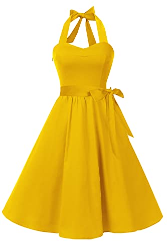 Topdress Women's Vintage Polka Audrey Dress 1950s Halter Cocktail Dress Yellow M