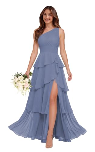 ieonoa Steel Blue One Shoulder Tiered Chiffon Slit Bridesmaid Dresses