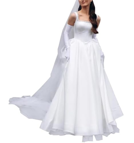 Fievlrs Satin Courthouse Wedding Dress for Women A Line Long Bridal Gowns for Bride Floor Length Square Neck Wedding Gown with Pearls White US14