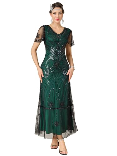 MTITE Women's Flapper Dress 1920s V-Neck Evening Gown Sequin Beaded Maxi Dress for Wedding (US, Alpha, X-Large, Regular, Regular, Green)
