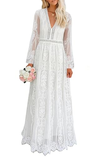 Cercis Women Long Sleeve V-Neck White Lace Maxi Dress Boho Wedding Party