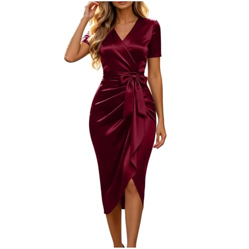 Satin Midi Dress Women Tie Waist Slit Ruched Wedding Guest Dress
