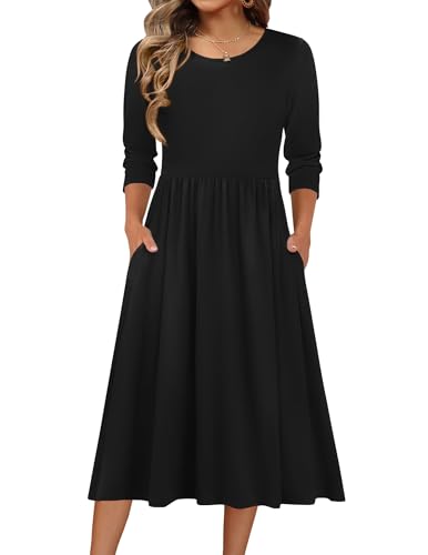 Zeagoo Womens Black Dress Half Sleeve Swing Aline Loose Tshirt Midi Dress | Dress With Pocket,Solid Color,Boho Floral,Early Fall Fashion 2026,High Waist Stretch,Loose Swing,Everday,Work,Party