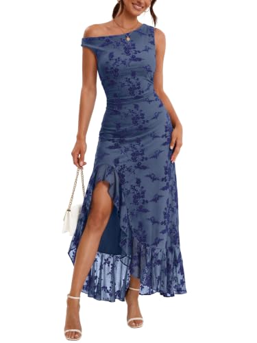 LILLUSORY Womens Wedding Guest Fall Off Shoulder Cocktail Formal Dresses | Ruched Long Dress with Side Slit, Ruffle Hem, 2026 Elegant Bodycon Outfits for Date Night, Evening Party Dinner Wear