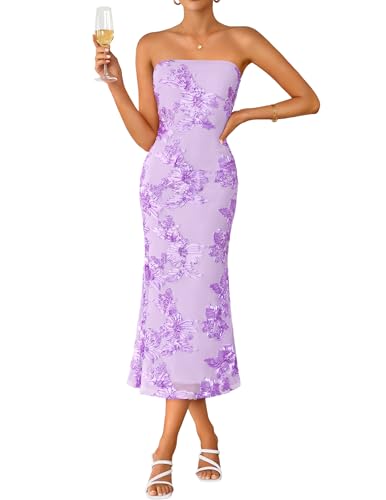 ZESICA Summer Strapless Floral Wedding Guest Dress for Women Purple S | Formal Bodycon Mesh Tube Midi Dresses, Elegant Bridal Shower Bridesmaid Birthday Holiday Dinner Party, Fashion Evening Gown