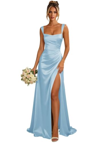 Mentarium Satin Bridesmaid Dress Formal Wedding Guest Gown Sky Blue 2 | Long Satin Bridesmaid Dresses for Women Wide Strap Corset Formal Wedding Guest Dress Mermaid Ruched Prom Maxi Gown with Slit