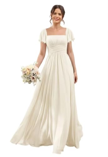 Flutter Sleeves Maxi Bridesmaid Dresses Long Ivory A Line 2026 Pleated Square Neck Maxi Formal Evening Party Gowns for Women,14