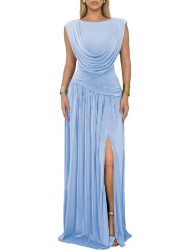 CurvySweet Women's Convertible Cowl Neck Maxi Dress Sleeveless Ruched Mesh Bridesmaid Wedding Guest Cocktail Evening Dresses Light Blue