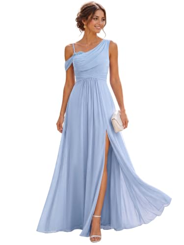 Ever-Pretty Women's Sleeveless Chiffon Summer Formal Wedding Guest Dress One Shoulder A-Line Split Bridesmaid Dresses Ice Blue US18