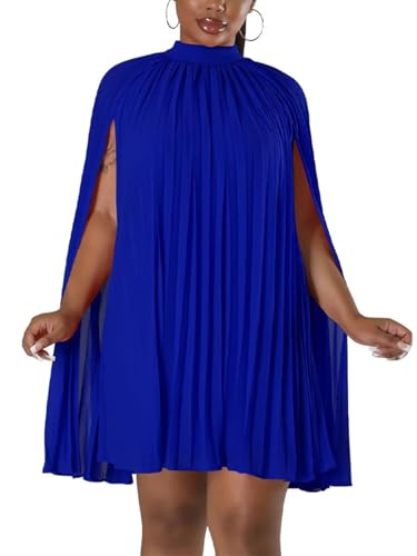 Ekaliy Women's Cape Dress Pleated Cocktail Party Mini Dress Royal Blue L