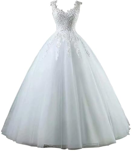 Lace Ball Gown Wedding Dresses for Bride V Neck Beaded A Line Sleeveless Tulle Bridal Dress with Train White 2