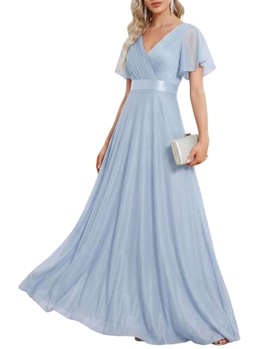 Ever-Pretty Women's Summer Glitter Formal Dresses Evening Gown V Neck Short Sleeves A-Line Floor Length Mother of Bride Dress Ice Blue US18