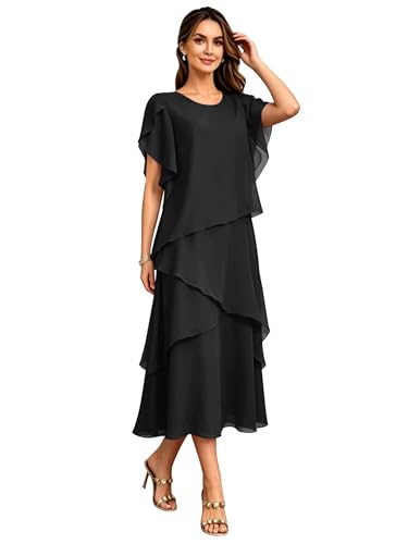 Black Grandmother of the Groom Dresses Chiffon Tea Length Scoop Neck A-Line Petite Flutter Sleeves Mother of the Bride Dresses BWR01 US14