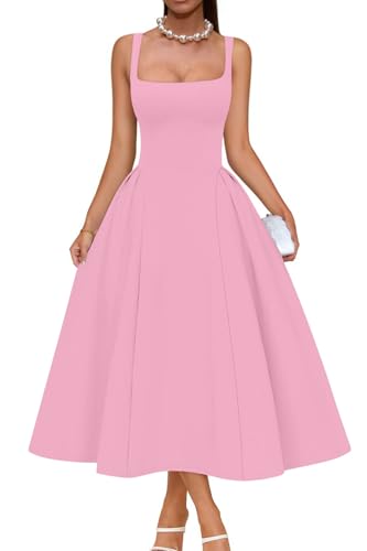 Memoriesea Women's Swing A Line Wedding Guest Party Midi Dress Pink | Square Neck,Elastic Waist A Line Midi Dress,Homecoming Party,Semi Formal Cocktail,Graduation,Holiday Party,Double layered