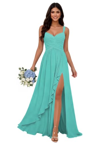 Turquoise Ruffles Chiffon Bridesmaid Dresses Long for Women US2