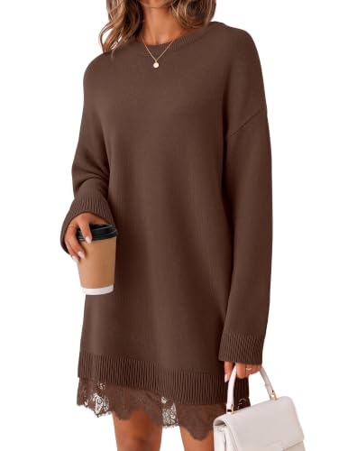MEROKEETY Women's Fall Long Sleeve Lace Oversized Sweater Dress, Coffee, L