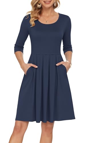 AUSELILY Women's 3/4 Sleeve Casual Dress, Navy Blue M