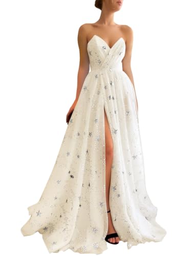 UZN Champagne Tulle Prom Dresses Sparkle Glittery Starry Long Strapless Split V-Neck A-Line Backless Formal Evening Party Gown for Women with Pockets US10
