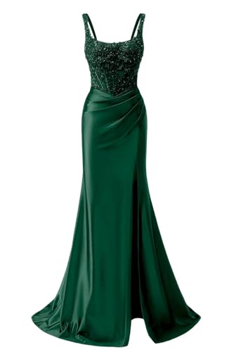 Satin Lace Applique Beaded Prom Dress Long Glitter Sequins Mermaid Wide Straps Side Slit Cocktail Dress Ruced Evening Dresses for Women Formal Dark Green Plus Size 18