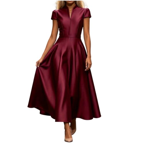 Midi Cocktail Dresses for Women Wedding Guest V Neck Flowy Dress Wine