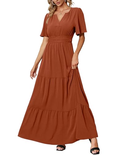 Amegoya Women's Summer Boho Maxi Dresses Casual V Neck Short Sleeve A-line Empire Waist Long Flowy Beach Dress (Orange M)